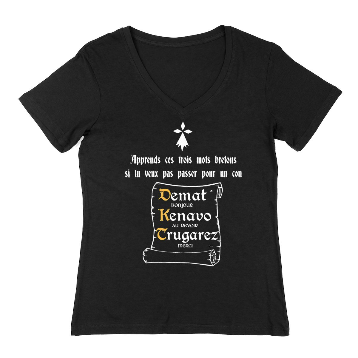 T-shirt pour femme col en V-trois-mots-bretons